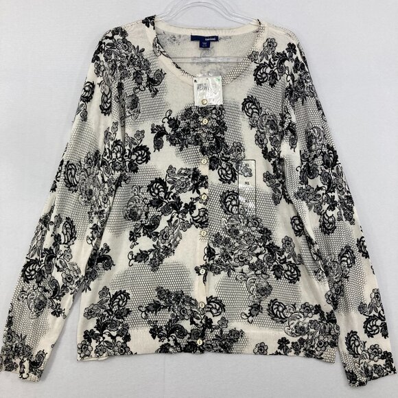 New Basic Editions sz XL Black White Floral Abstract Light Knit Button Cardigan - Picture 1 of 8